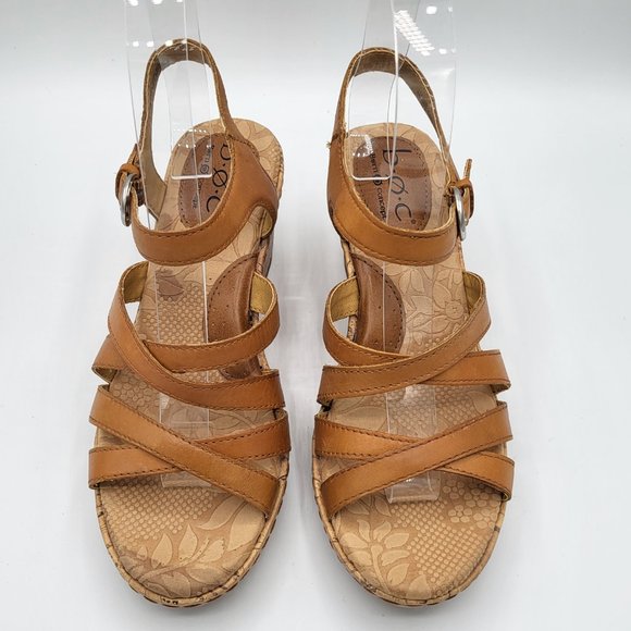 B.O.C. by Born Concept Cross Strap Tan Leather Cork Wedge Sandals SZ 6 - Picture 3 of 13